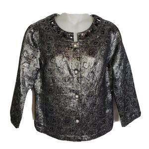 Lark Lane Womens Size 8 Jacket 4 Button Down Blazer Black Silver Gems